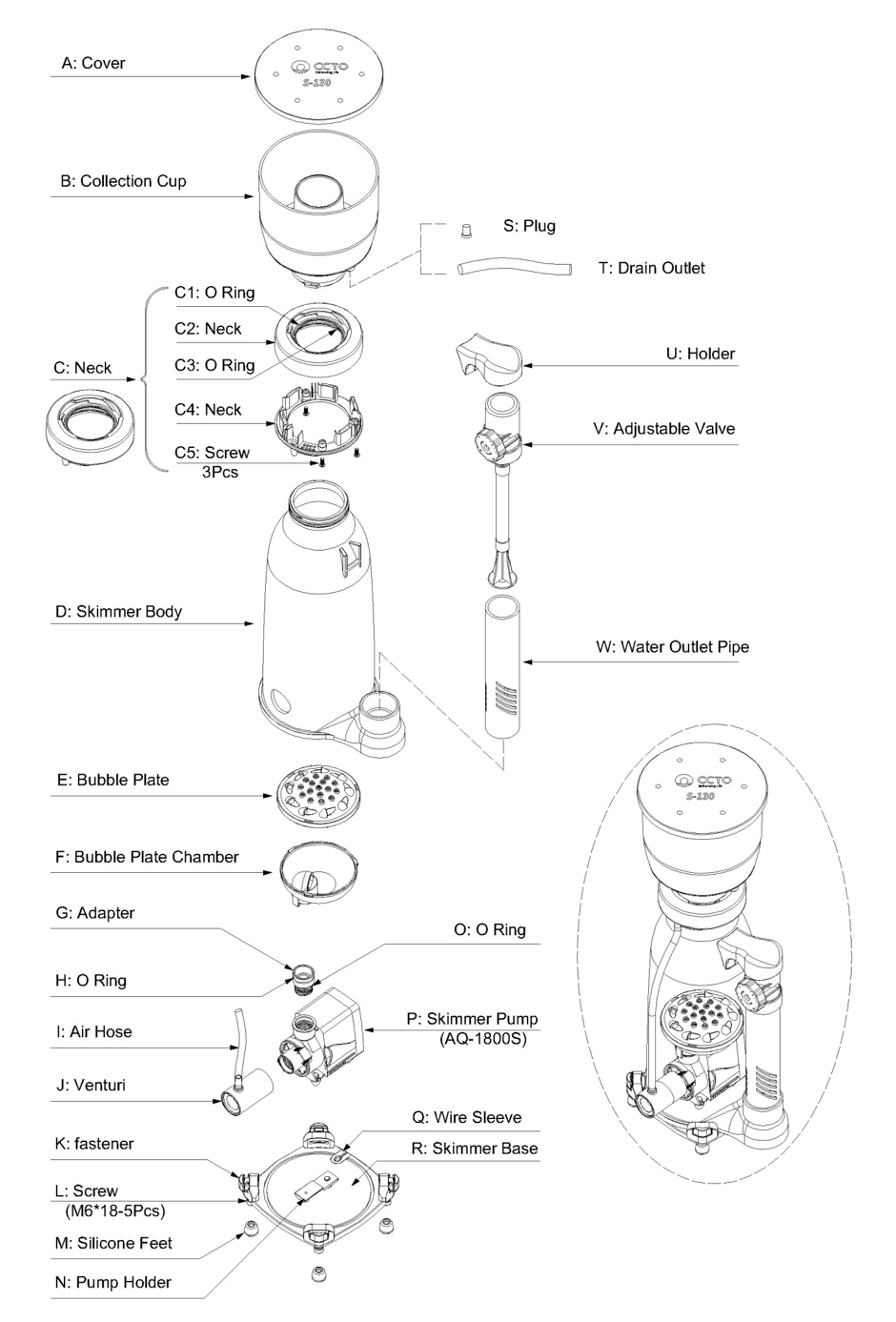 eSsense 130 Protein Skimmer diagram